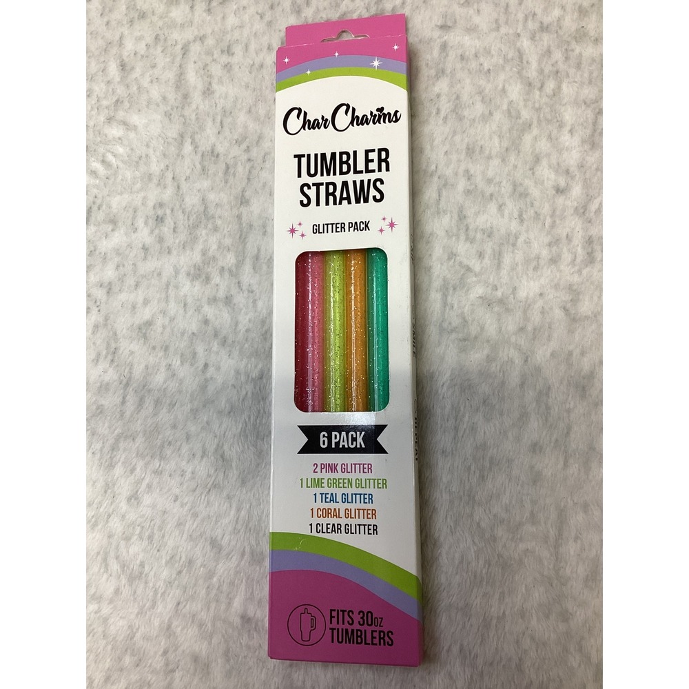 CharCharms Tumbler Straws Glitter Pack 6 Count Fits 30oz Reusable BPA Free Pink.